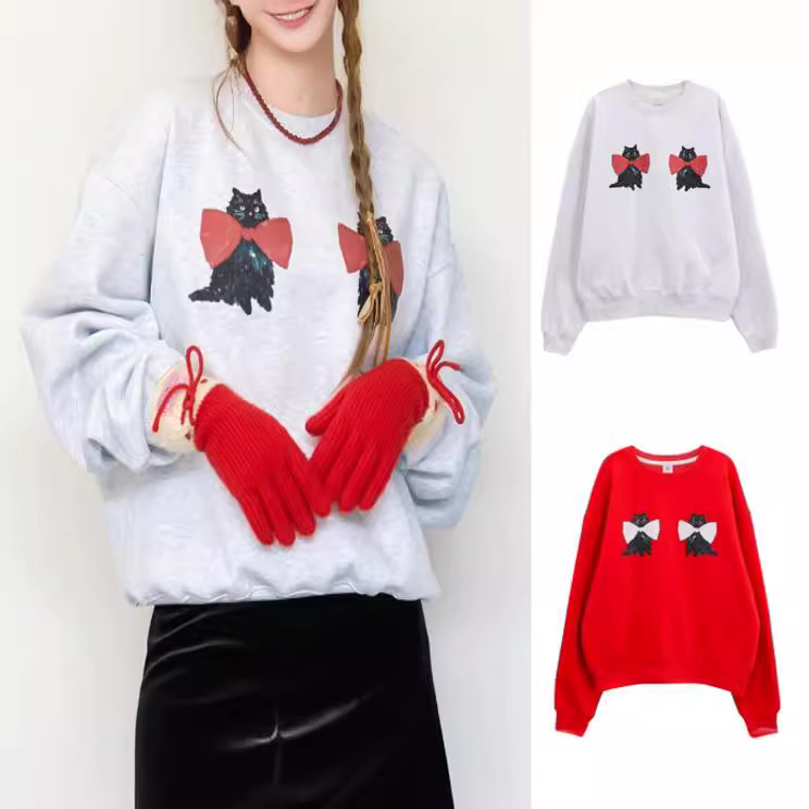 In-Stock Korean Designer Trendy Brand 24 New Cute Style Ro*N Cat Bow Print Loose Cotton Sweatshirt