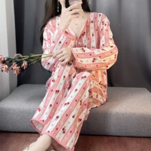 批发春秋睡衣女长袖长裤卡通小翻领开衫云朵棉家居服女可外穿套装