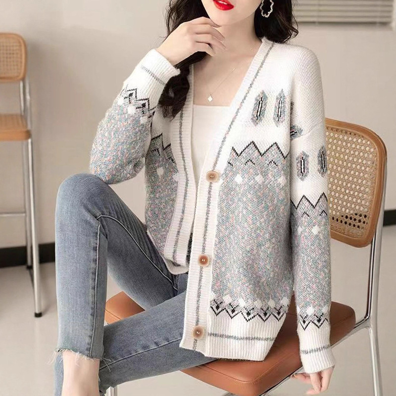 Chenille Jacquard Knit Cardigan Sweater for Women, Autumn and Winter Korean Version, Loose Versatile Coat, Fresh and Slimming Niche Top