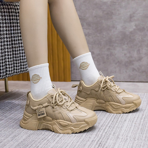 Sports shoes for women dad shoes for women  spring new style leather ins trendy versatile black thick-soled shoes
