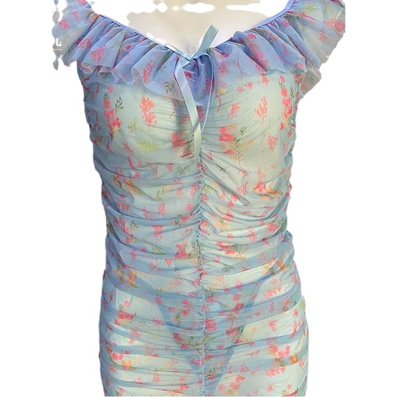 2023 nuevo transparente sexy flor ropa interior malla impreso plisado tentación pijamas camisón conjunto D5210