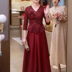气质名媛婚宴长袍深V刺绣中长裙七分袖装饰婚礼装