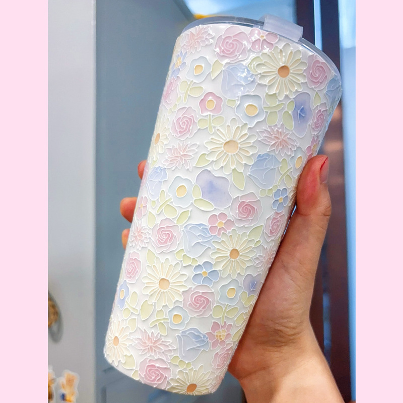 Guochao パイルオブフラワータンブラー 蓋付き ストローカップ 大容量 景徳鎮万華カップ 釉下色手描きウォーターカップ|undefined