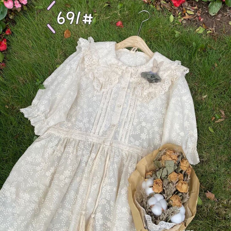 2026 Summer Double-Layer Doll Collar Mori Girl Japanese Style Short-Sleeve Embroidered Mid-Length Loose Dress Women's A-Line Skirt