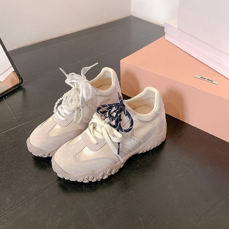 8cm~ Genuine Leather Height-Increasing German Training Shoes for Women, 2025 New Style, Pearl Lace Shoelaces, Sports Casual Shoes, Versatile Women's Shoes