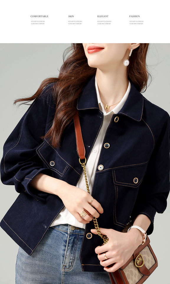 Áo khoác denim ngắn dáng rộng cổ polo cho nữ, dài tay, phong cách giản dị — Áo khoác bò dài tay, Màu nâu (trà nâu), màu xanh chi tiết 30