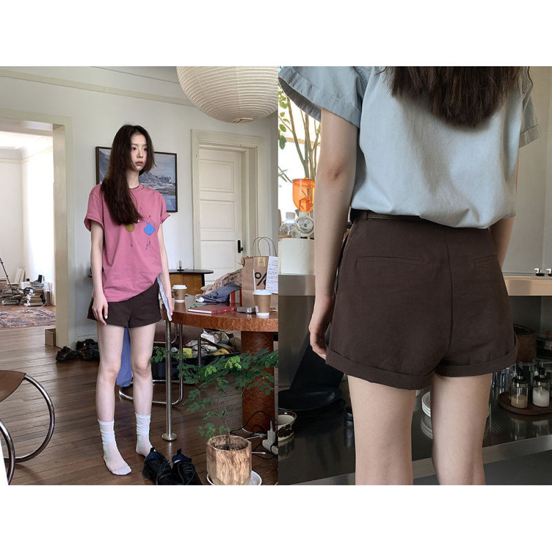 阿秋的店美式复古显瘦休闲短裤夏季新款通勤百搭棕色直筒裤女|undefined