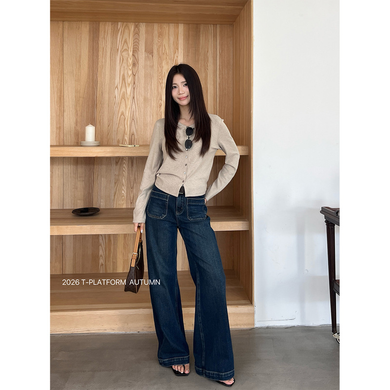 T-PLATFORM Guangzhou Thirteen Factories Dark Blue Stretchy Flared Jeans for Women 2026 Autumn Custom Jeans 58110