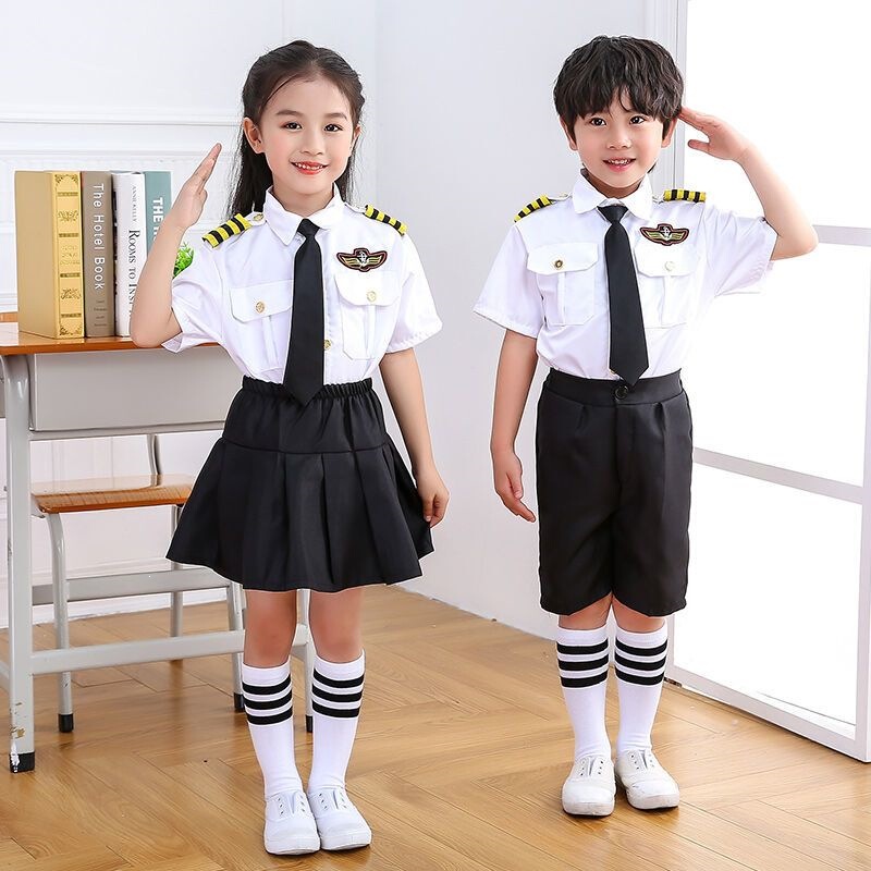 Children's Air Force Stewardess Captain Uniform, Pilot Costume for Boys and Girls, Flight Attendant Outfit, Aviation Pilot Performance Outfit Set