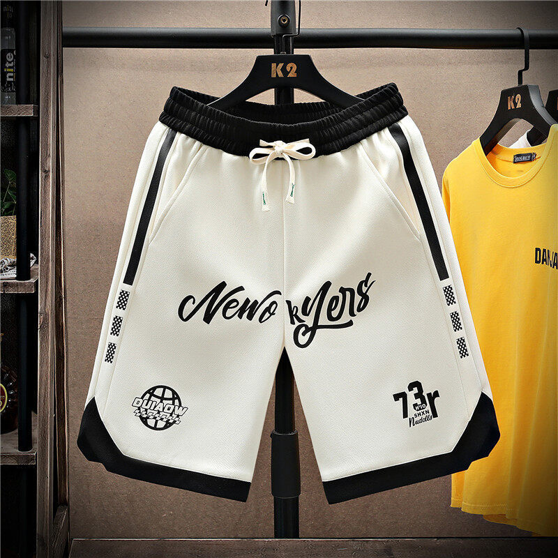 外贸男装夏季新款拼色字母松紧个性系绳短裤潮男士休闲透气五分裤