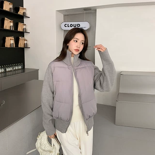 新款泡芙撞色拼接针织加绒棉服女2025韩版小个子立领高级感外套