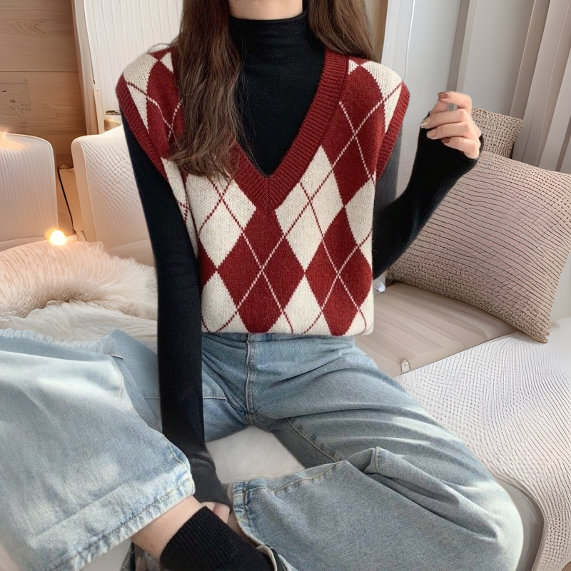 イン菱形 V ネックベスト女性の春と秋の新しいカレッジスタイル年齢を減らすセーターレイヤードショートベストヨーロッパとアメリカンスタイル