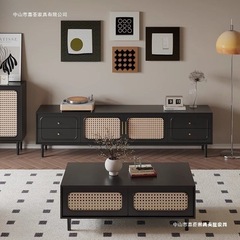 フレンチシンプルレトロ籐テレビキャビネットとコーヒーテーブルの組み合わせホームフロアワタリスタイル新しいブラックテレビキャビネットセット