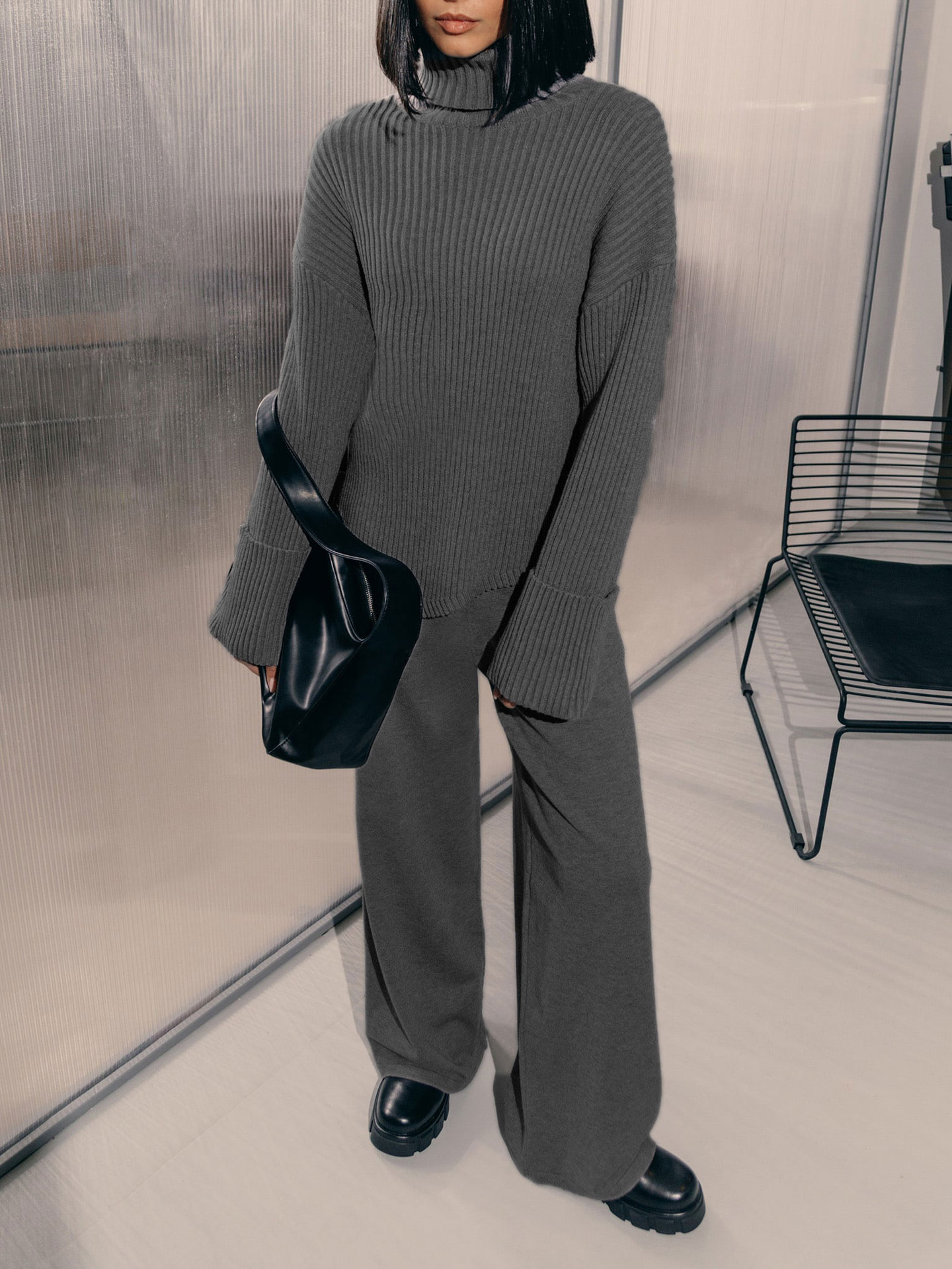 Knitted suit autumn and winter loose high collar pit striped hem sweater knitted pants sweater suit_voghion.com