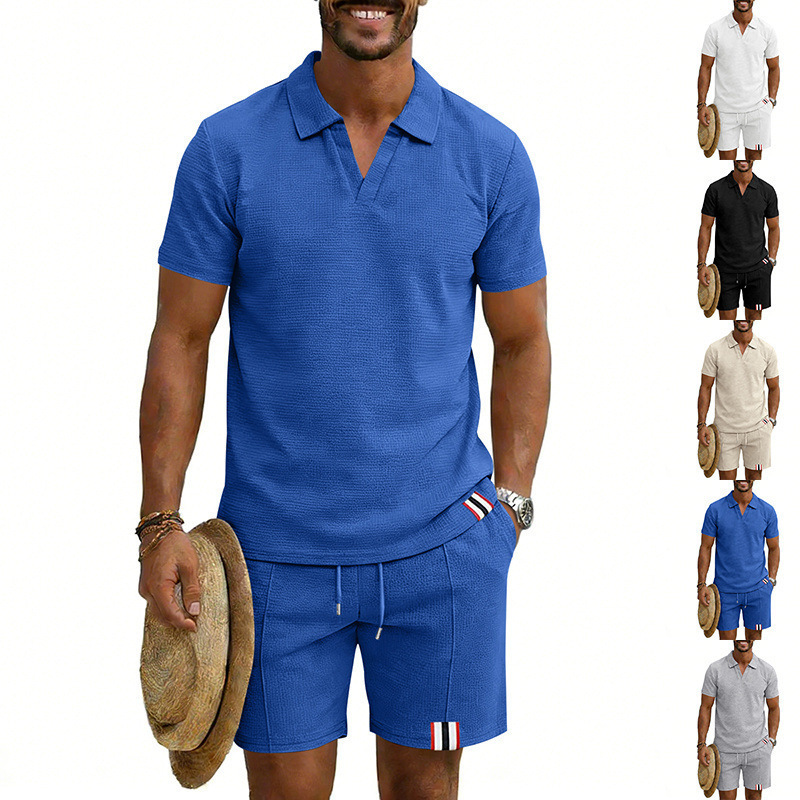 Men's Summer Waffle Knit Polo Shirt And Shorts Set, Casual Breathable Comfort Outfit For Daily Wear ​​Lightweight & Quick-Drying Fabric​_viptrois.com