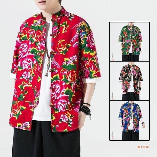 Northeast floral shirt with Chinese style Tangzhuang for men, summer large size, large flowers, short sleeve, best man's suit, national trend ethnic style