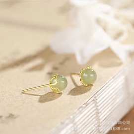 跨境速卖通s925纯银和田玉耳钉复古气质冷淡风简约百搭耳饰品批发