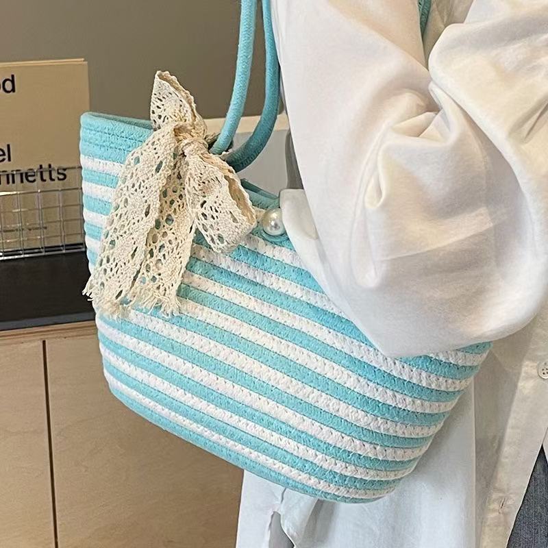 Cotton Rope Woven Handbag, Large Capacity, Versatile Striped Shoulder Bag, Casual Beach Bag, Daily Commuting Tote Bag Cotton Rope Woven Handbag, Large Capacity, Versatile Striped Shoulder Bag, Casual Beach Bag, Daily Commuting Tote Bag