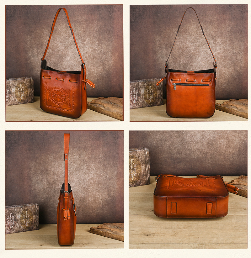 Túi tote da bò cổ điển phong cách vintage, đáy rộng, dung tích lớn, quai đeo vai — Màu xanh lá cây chi tiết 16