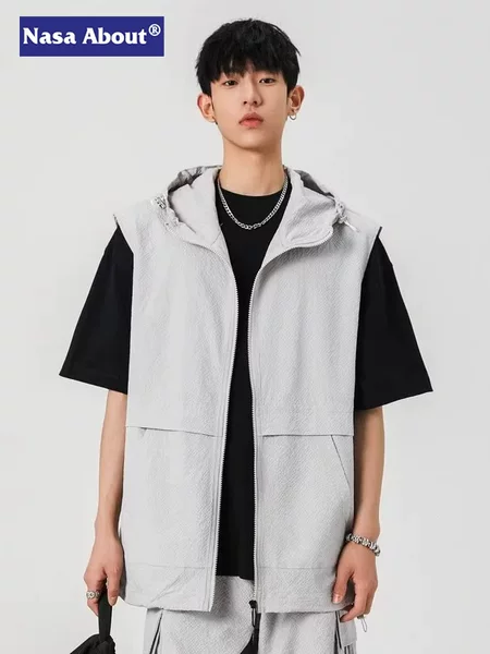 NASA Tooling Hooded Waistel Sleeveless Men's Summer Ice Silk Cool Quick-drying Vest Fashionable High-street Sport Vest