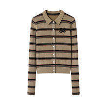 现货 2025秋季新款女休闲时尚修身复古条纹polo领针织开衫2J3E524