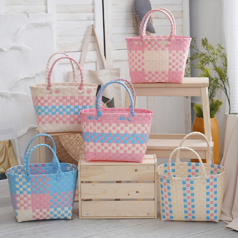 彩色编织菜篮子沙滩度假手拎包六一儿童节礼品收纳手提多巴胺包包