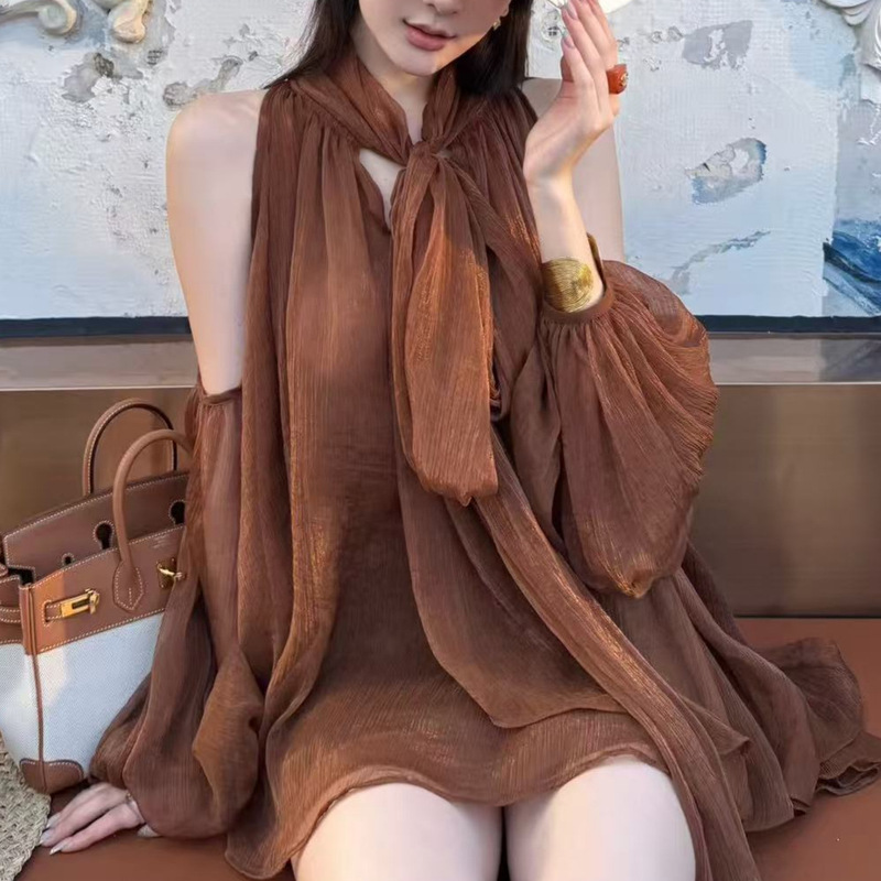 Niche Design Spring and Summer New Style Air Grid Off-Shoulder Ribbon Top Women's French Chic and Elegant Shirt