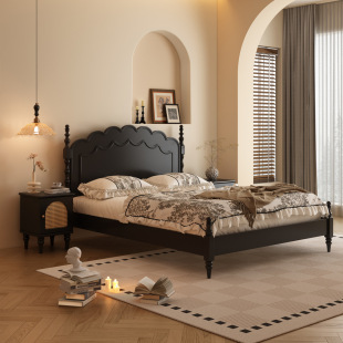 French-Style Mid-Century Solid Wood Bed, Modern and Simple, 1.68m Double Master Bedroom Bed, Vintage Light Luxury Wedding Bed