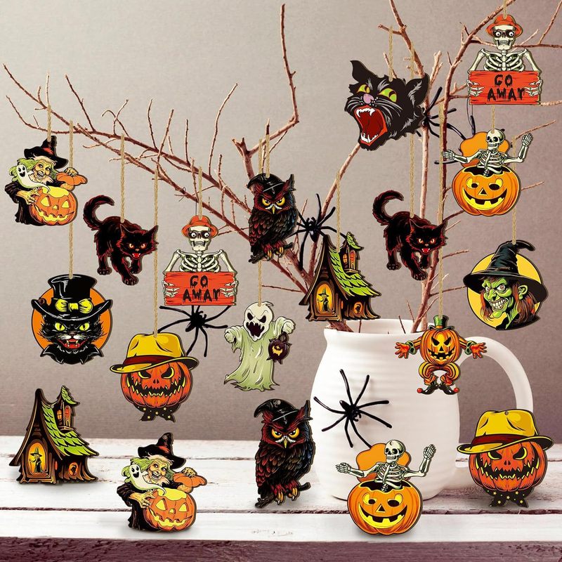 ハロウィン木製装飾ツリーレトロハロウィン吊り下げ装飾木製ハロウィン吊り下げ装飾カボチャ魔女黒猫木製カットアウト|undefined