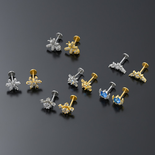 Cross-border best-selling flat bottom earrings, stainless steel rods, pierced threaded ear bone nails, micro-inlaid zircon geometric lip nails for women