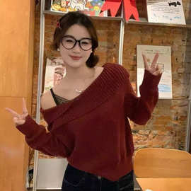 安可拉红色毛衣女秋冬新年穿搭小众设计性感斜肩露肩针织上衣INS