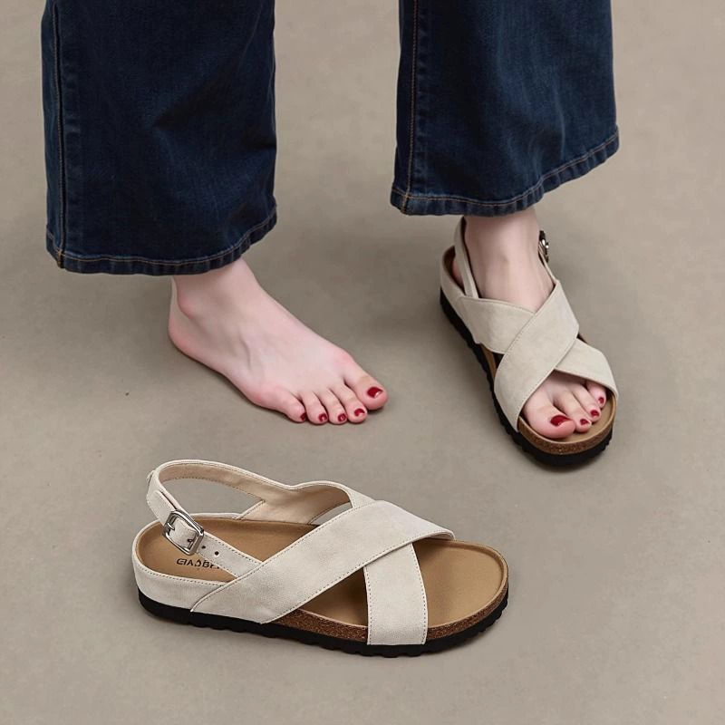 Женские летние сандалии на толстой подошве с перекрестными ремешками, повседневные сандалии Birkenstock на плоской подошве с открытой спиной во французском стиле ретро