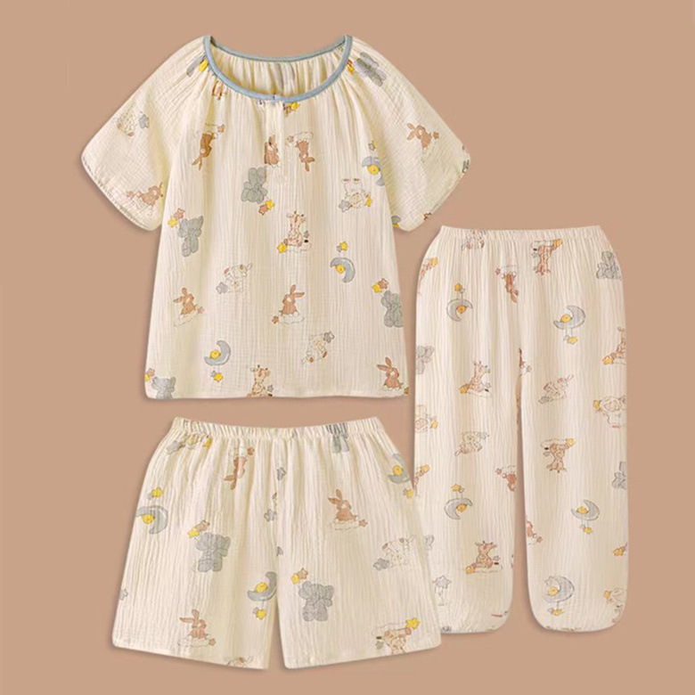 Comercio exterior al por mayor primavera y verano nuevos pijamas pantalones de manga corta para mujer pantalones cortos de tres piezas servicio a domicilio nube algodón rayas oso