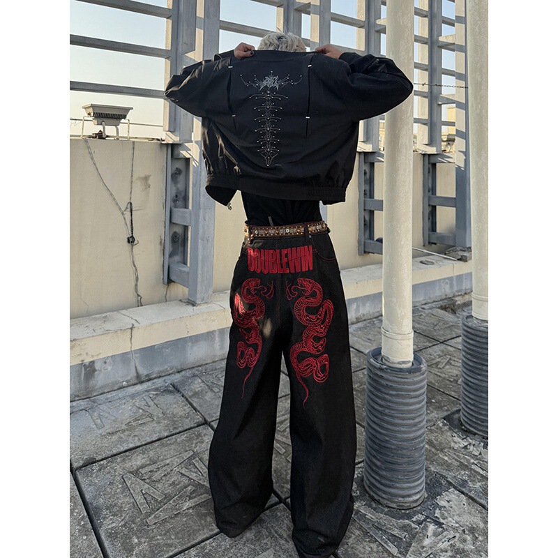 2025 Black and Red Street Heavy-Duty Three-Dimensional Embroidery Two-Way Jeans Street Loose Wide-Leg Pants Oversize Trendy 2025 Black and Red Street Heavy-Duty Three-Dimensional Embroidery Two-Way Jeans Street Loose Wide-Leg Pants Oversize Trendy