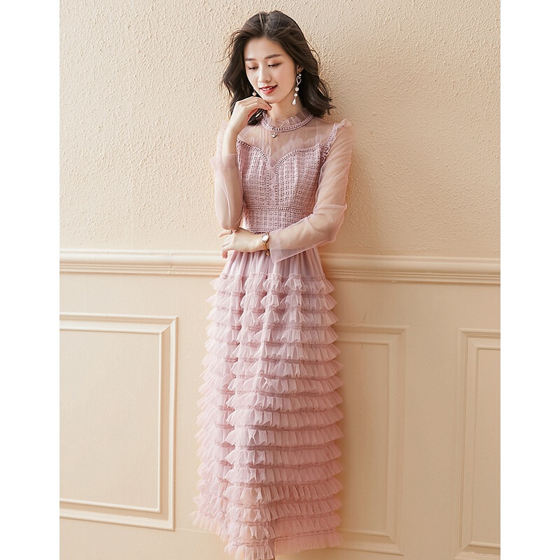 Gauze French Cake Dress Women's 2023 Summer New Women's Elegant Fashion Lace Lasagna Long Dress