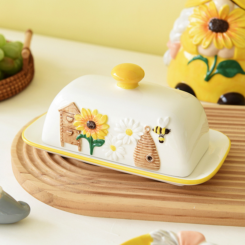 Primavera abeja girasol elfo cerámica mantequilla platillo decorativo plato postre platillo vajilla plato mantequilla comida occidental