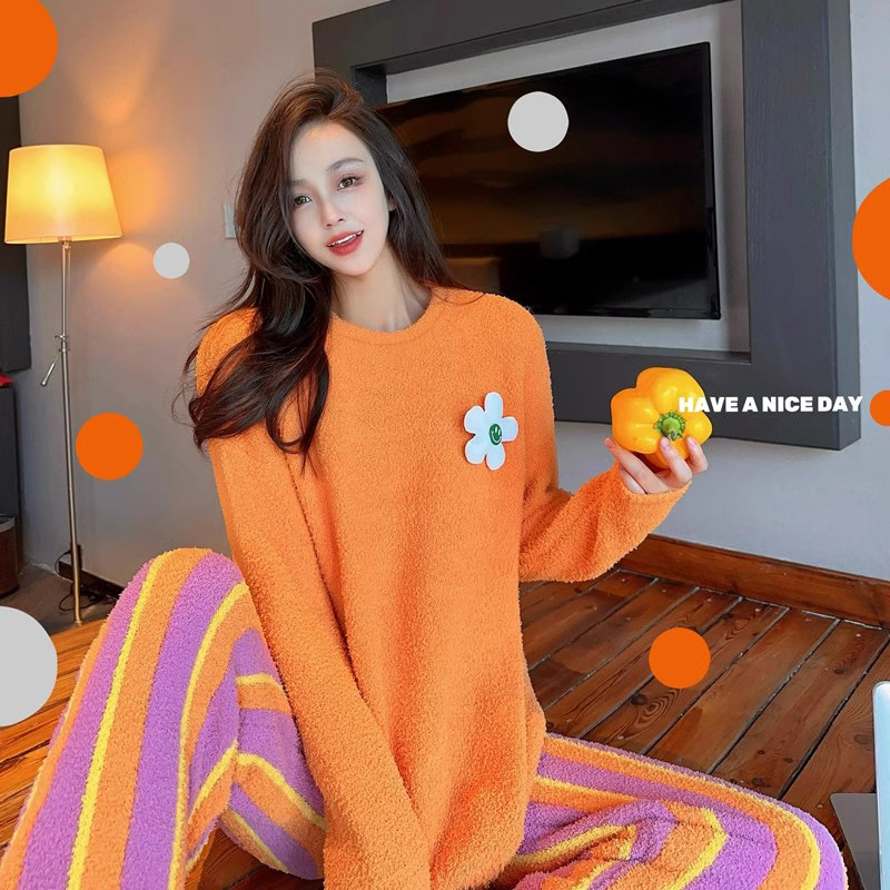 甜美可爱大眼睛软绵绵睡衣女秋冬季加厚保暖半边绒家居服休闲套装|undefined