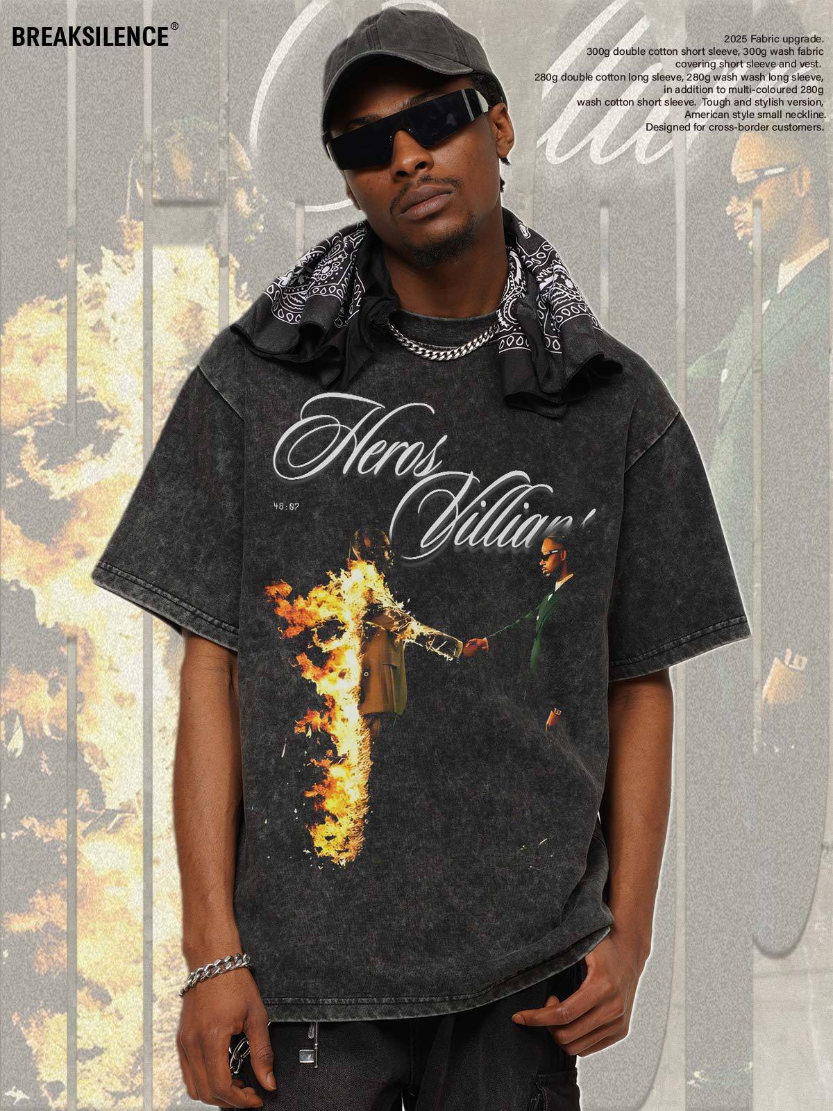 2025国境を越えた夏のメトロブーミンアメリカのレトロな重いポンドの男性tシャツはまっすぐにプリントします。