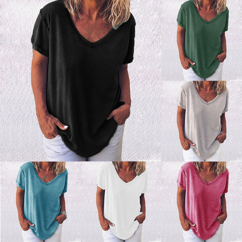 Amazon Wish Hot Selling Cross-Border Summer Loose Large Size Casual Fashion Simple Pure Color V Neck Women's Short-Sleeved T-Shirt