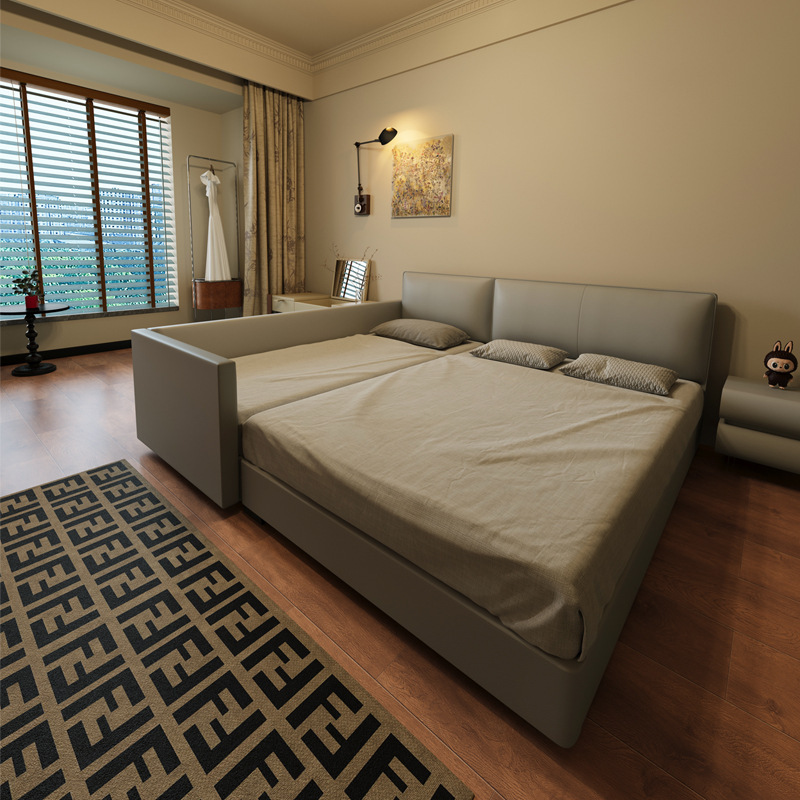 Poliform Genuine Leather Bedside Layer Cowhide Mother-Child Family Bed for a Family of Four, Extra-Large Master Bedroom Bed, Can Be Separated or Combined