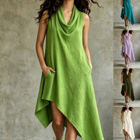 New Summer Style Pile-Neck Sleeveless Dress, Loose-Fitting, Irregular Hem, Cotton and Linen Mid-Length Dress, Available in Multiple Colors, Casual Dress New Summer Style Pile-Neck Sleeveless Dress, Loose-Fitting, Irregular Hem, Cotton and Linen Mid-Length Dress, Available in Multiple Colors, Casual Dress