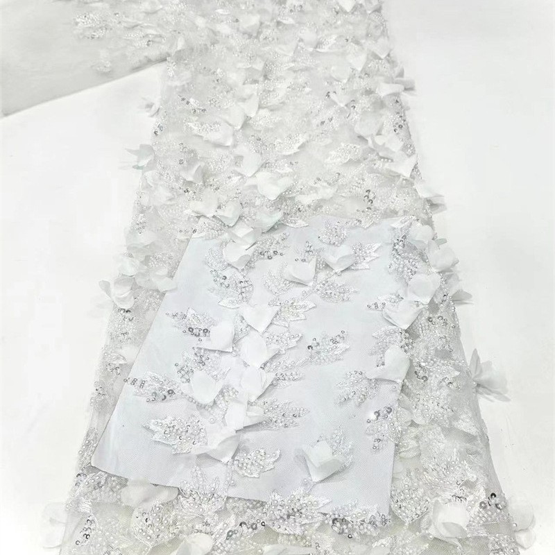 Embroiderado de tubo de perlas delicada tela de decalca hecha a mano, cuentas de burbuja, sequin, bordado de tubo de perlas, vestido de boda, tela