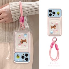 Apple 14 Pro用スマホケース、17かわいい子犬カードホルダー付きストラップ、13フリップカバーミラー、16立体人形、15
