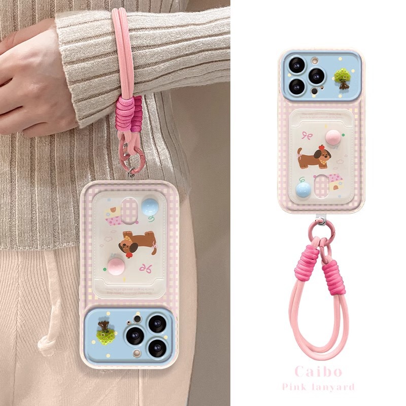 Suitable for Apple 14Pro Mobile Phone Case 17 Cute Puppy Card Holder Lanyard 13 Flip Mirror 16 Stereo Doll 15