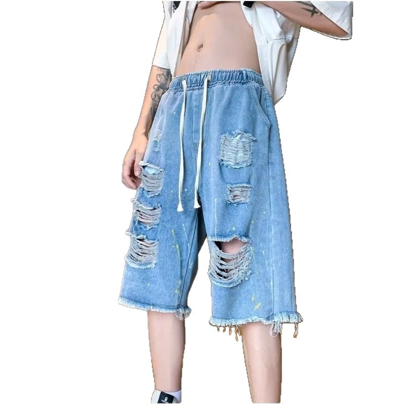 Men's Clothing Men's Ripped Denim Shorts Fashion Brand Ink Splatter Pattern Trendy Frayed Edges Loose Fit Summer Style Five Point Pants_voghion.com