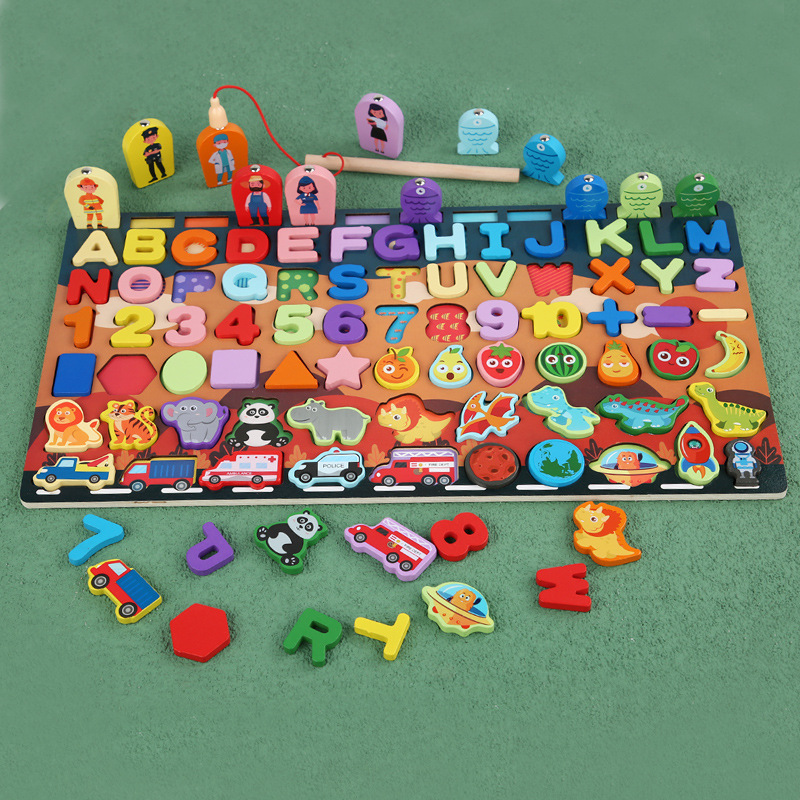 Wooden cartoon digital magnetic cognitive smart toy for fishing