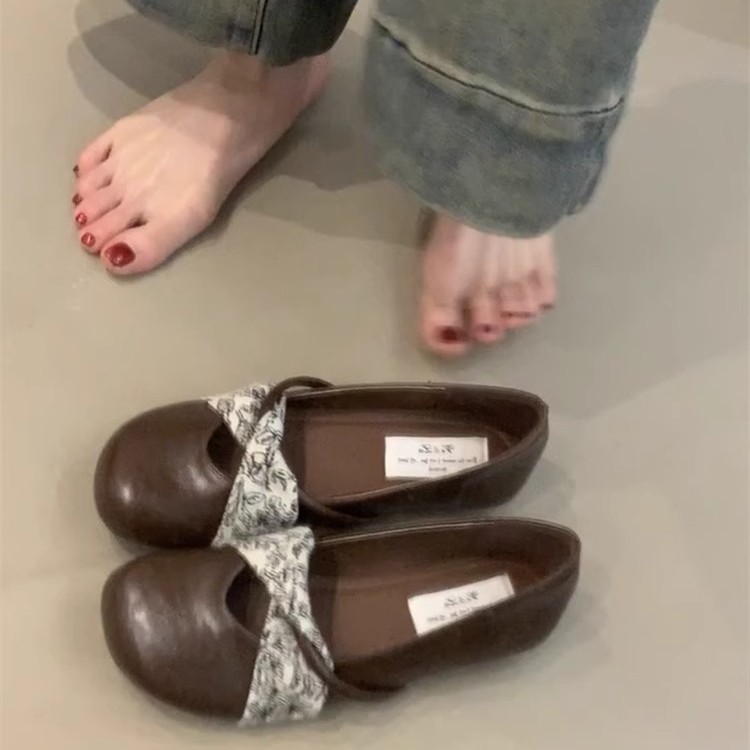 羊皮版！复古拼接圆头玛丽珍鞋女一脚蹬平底单鞋棕色软底豆豆鞋