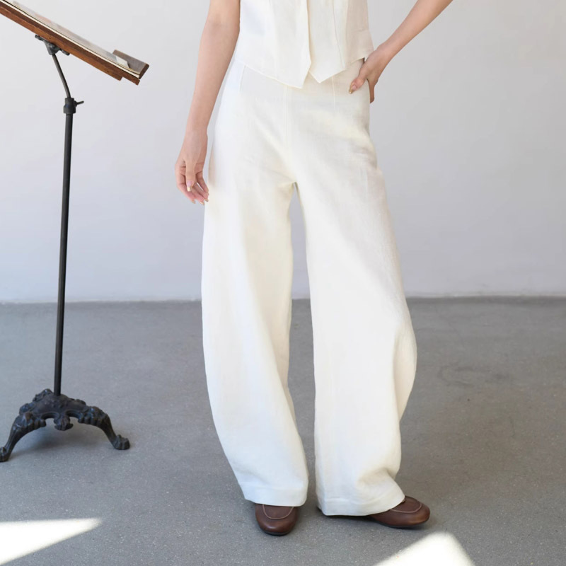 Custom Linen Material ~ Spanish Niche Textured High-Waisted Wide-Leg Pants with Curved Lazy Loose Casual Long Pants