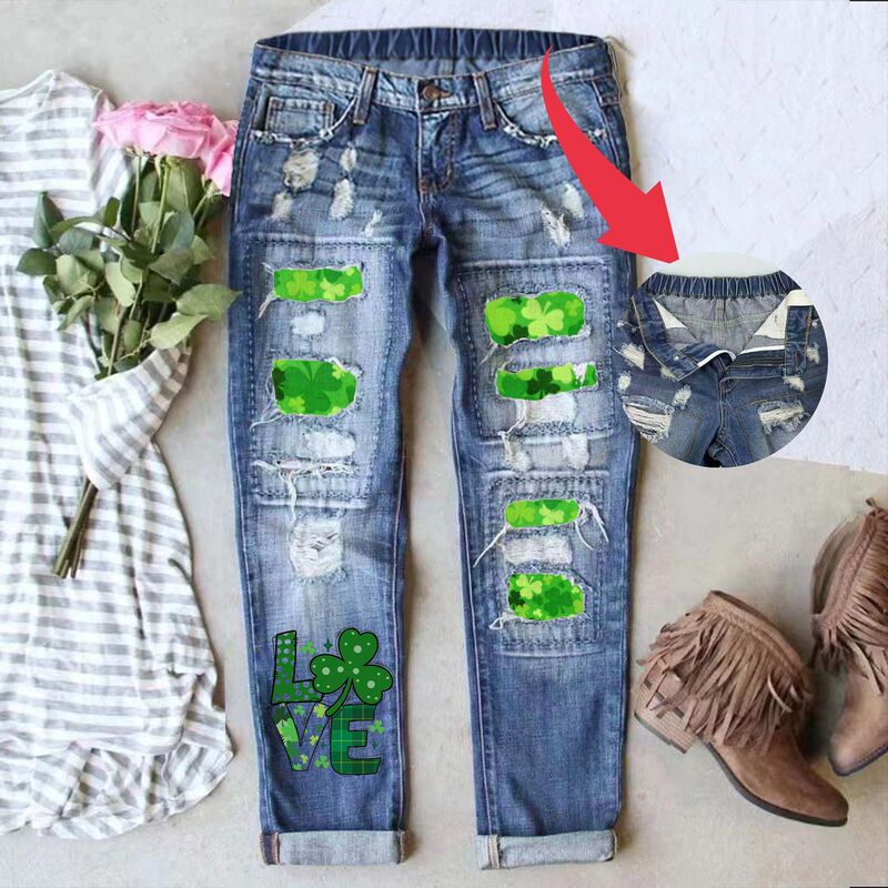 European and American Cross-Border DIY St. Patrick's Printed Mid-Waist Straight Elastic Belt Women's Ripped Fashion Jeans
