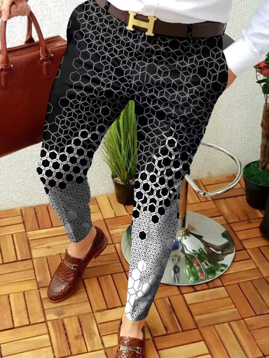 2023 estación independiente transfronteriza europea y americana nuevo patrón casual de los hombres impreso Mediados de cintura traje casual pantalones micro pantalones elásticos